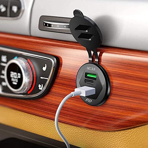 USB C Car Charger Socket, 12V USB Outlet with 18W Dual PD Ports & 18W