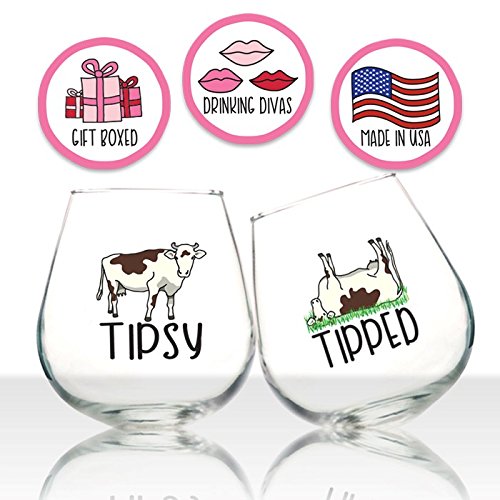 Rocking Tipsy and Tipped Glasses Set of 2, Funny Stemless Wine Glasses Rolling Whiskey Glasses Pair for Couples, Friends With Cute Cow Design