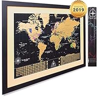 MyNewLands Gold Scratch Off World Map Wall Poster with US States and Flags, 17x24 inches, Includes Pins, Buttons and Scratcher, Glossy Finish, Black with Vibrant Colors