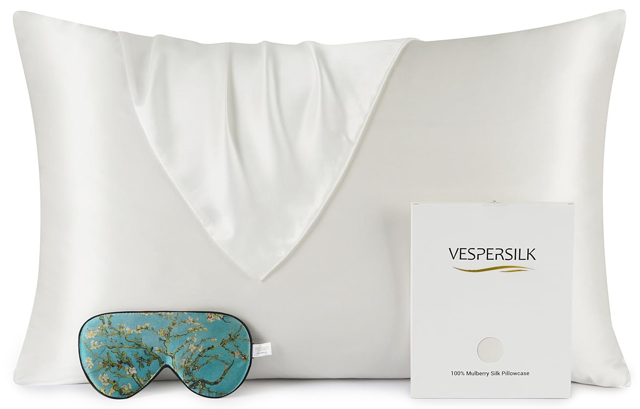 Vespersilk 100% Mulberry Silk Pillowcase & Eye Mask Set for Hair and Skin Health, 19 Momme Grade 6A Organic Silk Both Sides, with Hidden Zipper (Standard 50x75cm, Ivory)