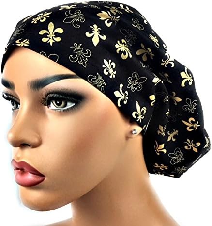 DK Scrub Hats Women’s Adjustable Bouffant Scrub Hat Ponytail Surgical Cap Black with Fleur de Lis