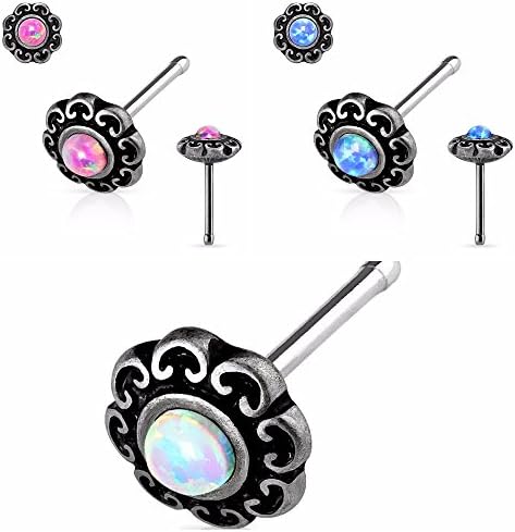 Opal Centered Tribal Heart Filigree 20 GA Nose Stud Rings Value Pack