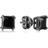 Foruiston 925 Sterling Silver Black Stud Earrings for Women and Men, Solitaire Cubic Zirconia Round & Princess Cut Heart-Shaped, 6mm