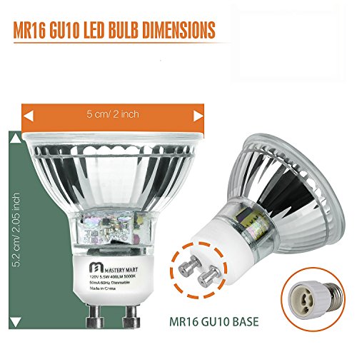 LED GU10 Spotlight Light Bulbs, 50 Watt Equivalent, 5.5W Dimmable, MR16 Full Glass Cover, 5000K Daylight, 25000 Hours, UL Listed, Energy Star Certified, by Mastery Mart (Pack of 10) - Thumbnail 2