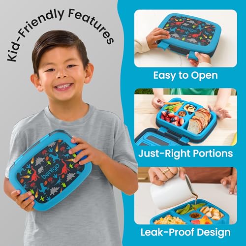 Bentgo Kids Prints Leak-Proof, 5-Compartment Bento-Style Kids Lunch Box - Ideal Portion Sizes for Ages 3 to 7 - BPA-Free, Dishwasher Safe, Food-Safe Materials (Dinosaur)