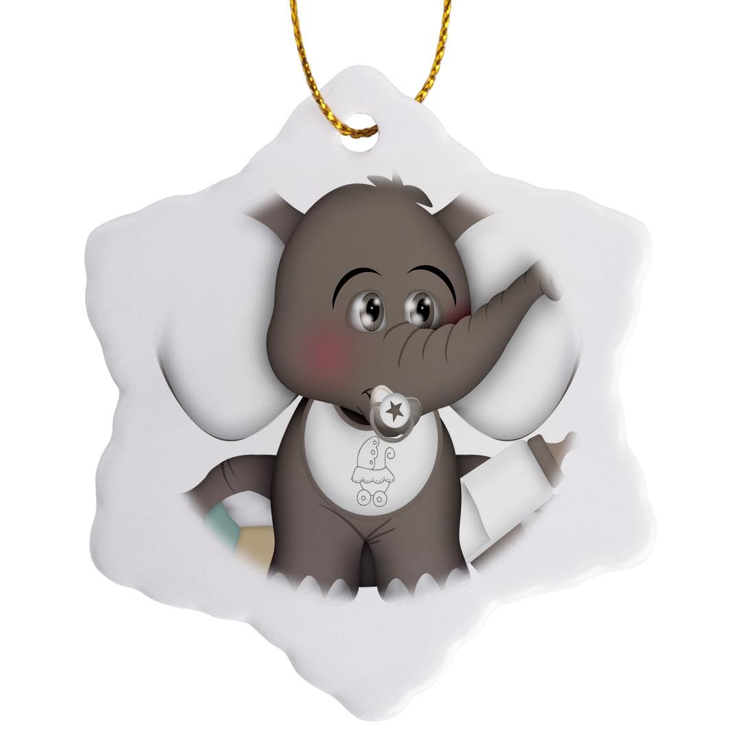 3dRose Cute Gray and White Baby Elephant with a Pacifier, Bib, and Bottle Snowflake Ornament, Multi-Colour, 3-Inch