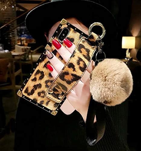 iPhone Xs Max Case,Fashion Blu-ray Leopard Diamond Holder Cover with Rabbit Fur Hairball Phone Case for iPhone Xs Max 6.5-inch,C2