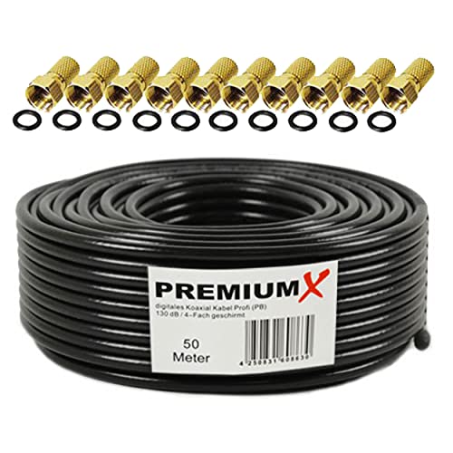 PremiumX 50 m Professional Coaxial Cable Black 130 dB 4-Way CU Copper Satellite Coaxial Cable SAT Antenna Cable 10x F-Connector