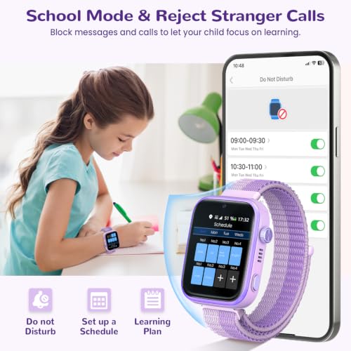 AIMIUVEI 4G Smartwatch Bambini con Chiamate, Videochiamate, Chat Vocale, WiFi, GPS, SOS, SMS, Impermeabile IP68, modalità Scuola e Contapassi, Schermo HD da 1.83'' Viola