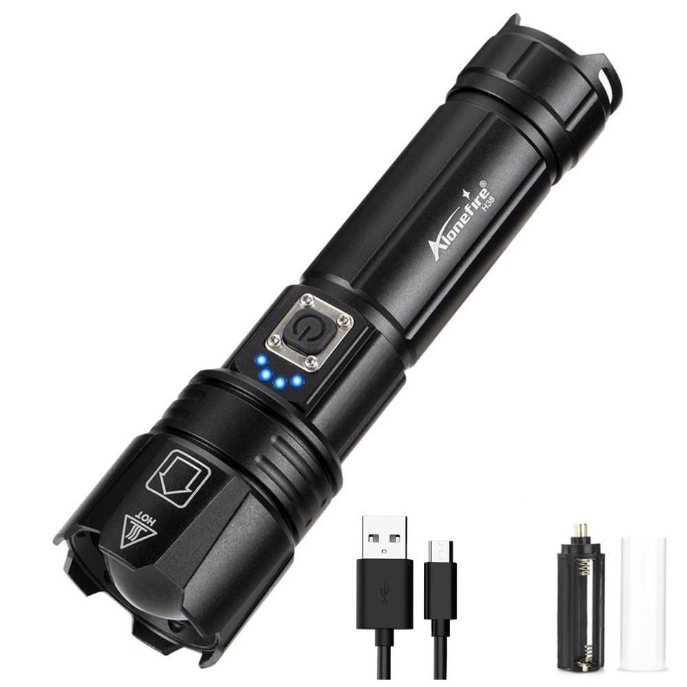Alonefire H38 Tactical LED Torch High Lumens USB Rechargeable Zoom Waterproof Powerful Flashlight with Reverse Charging Function, Battery, Charging Indicator for Hunting Police Security Military