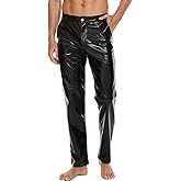 Mens Metallic Shiny Disco Pants, Wet Look Party Dance Straight Leg Trousers, 70s/80s Festival Rave Cosplay Leather Pants