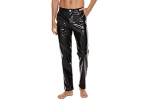 RUFEUD Mens Metallic Shiny Disco Pants, Wet Look Party Dance Straight Leg Trousers, 70s/80s Festival Rave Cosplay Leather Pants