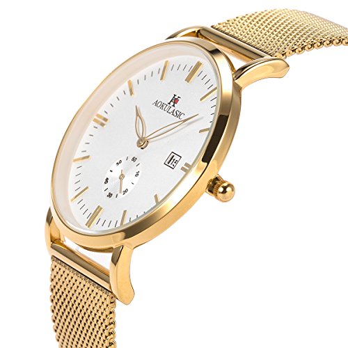 SIBOSUN Men Wrist Watch Ultra-Thin Gold Mesh Stainless Steel Japanese Quartz Waterproof Date Small Second