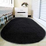 junovo Oval Fluffy Ultra Soft Area Rugs for Bedroom Plush Shaggy Carpet for Kids Room Bedside Nursery Mats, 2.6 x 5.3ft, Black