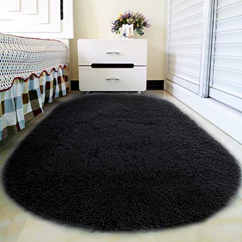 junovo Oval Fluffy Ultra Soft Area Rugs for Bedroom Plush Shaggy Carpet for Kids Room Bedside Nursery Mats, 2.6 x 5.3ft, Black
