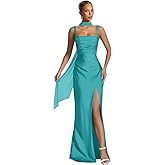 Xijun Satin Bridesmaid Dresses with Scarf Mermaid Spaghetti Straps Square Neck Pleated Long Prom Formal Dress