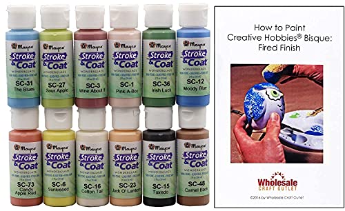 Creative Hobbies Mayco Stroke and Coat Glaze for Ceramics Kit 3 | 12 Assorted 2 oz Jars with How to Paint Pottery Book