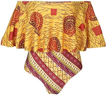 Hallegave Women Sexy Ruffle Off-The-Shoulder One-Piece Swimsuit Hollow Out Bikini (Small, Yellow)