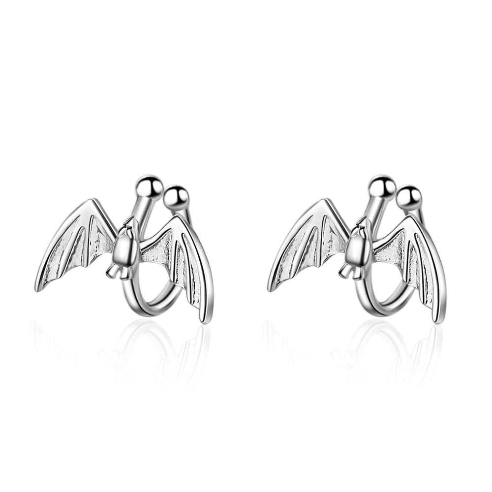 Bat Clip On Unique Ear Cuff Wrap Earrings for Women Teen Girls Non Pierced Ears Cartilage Fashion Cute Animal Cuffs Hoop Black Silver (Silver)