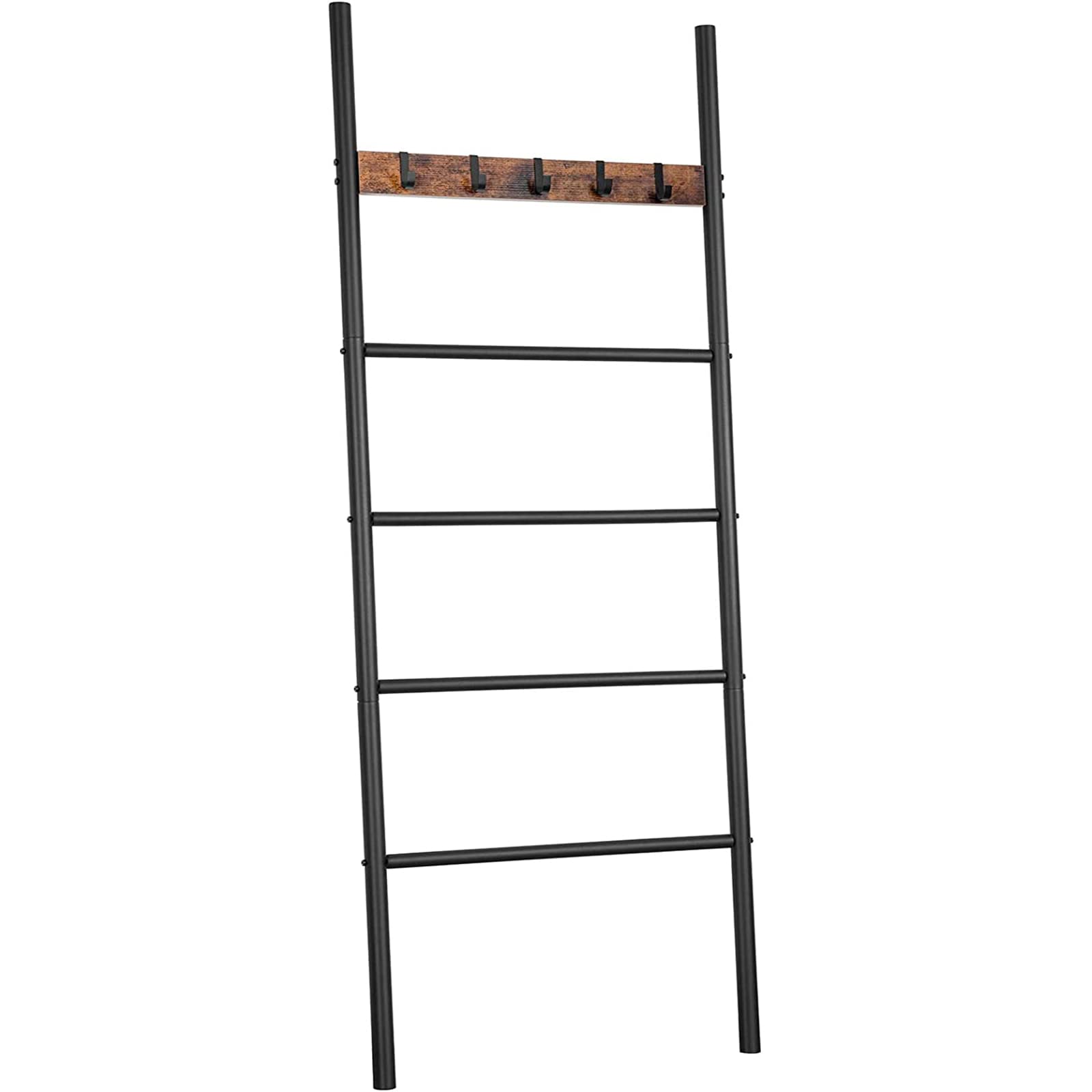 HOOBRO Towel Ladder, Blanket Ladder, Leaning Ladder Rack, Bathroom Towel Rack, with 5 Crossbars and 5 Hooks, Strong Storage Function, Metal Frame, Stable, Industrial, Rustic Brown and Black EBF60CJ01