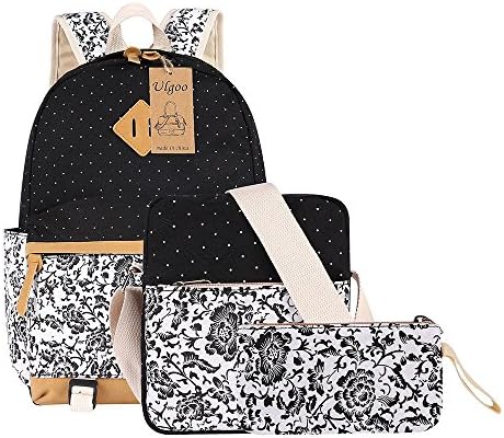 Ulgoo School Backpacks Canvas Teen Girls Backpacks Casual Shoulder bags (8810-3 Floral Black)