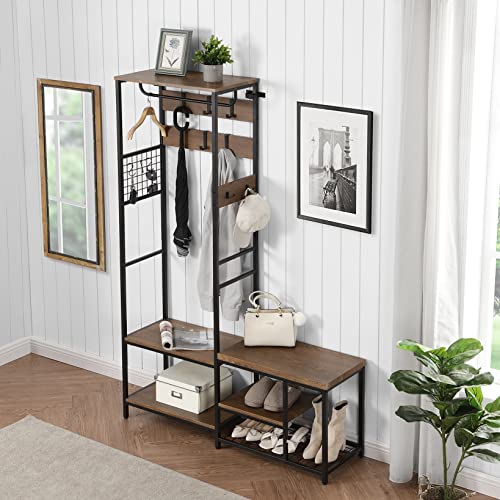 Hall Tree with Shoe Bench, 5in1 Entryway Coat Rack with 3