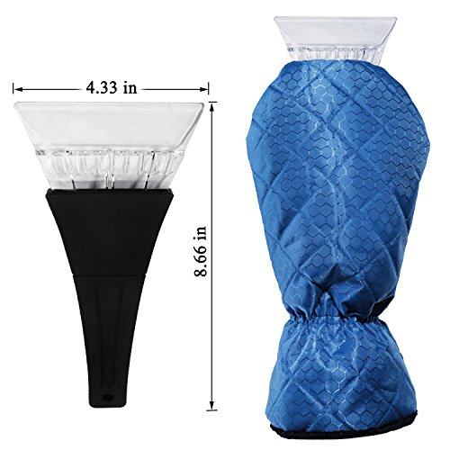 Ice Scraper Mitt For Car Windshield Snow Scrapers with Waterproof Glove Lined of Thick Fleece + Carry Pouch (Blue)