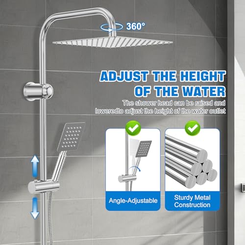 Kezidhp Shower Column without Hydromassage Mixer, Shower Rail with Rain Shower, 30 x 30 cm, Stainless Steel Column, Adjustable Wall Mount