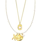 Ocean Shell Necklace Set - Beach Vacation Jewelry with White Bead and Glass Accents for Women, Summer Seaside Accessories, Two-Layer Adjustable depandent necklace as gifts for her (FSY773XL+078)