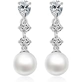 Sterling Silver Pearl Drop Earrings for Women Cubic Zirconia Hypoallergenic Earrings Studs Trendy Bridal Wedding Jewelry