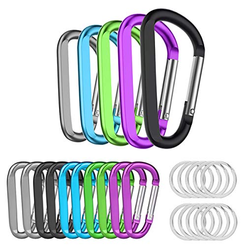 15PCS Carabiner Caribeaner Clip,5 X 3 Large + 10 X 2.4 Small with 15PCS Keyrings Aluminum Hook Bulk Pack for Keychain Home RV Outdoor Backpack(Not for Heavy Duty Climbing) â€¦
