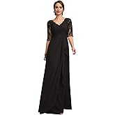 Lace Chiffon Mother of The Bride Dresses for Women Long Beaded V Neck A Line Formal Evening Ball Dress with Sleeves