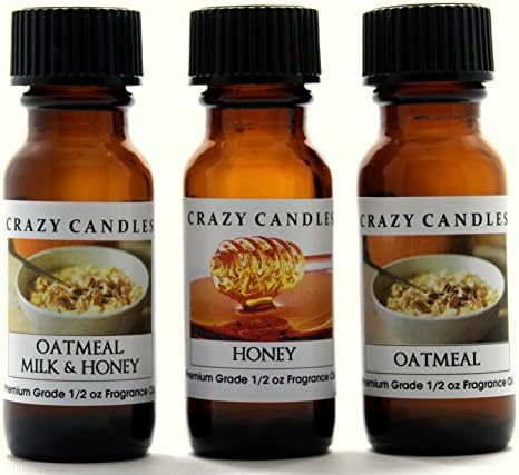 Crazy Candles 3 Bottles Set, 1 Oatmeal, Milk & Honey, 1 Honey, 1 Oatmeal 1/2 Fl Oz Each (15ml) Premium Grade Scented Fragrance Oils
