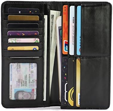 Soft Italian Genuine Leather Wallet Large Capacity Card Holder Bifold Long Slim Wallets With ID Window for Men Women (16066-1 Black)