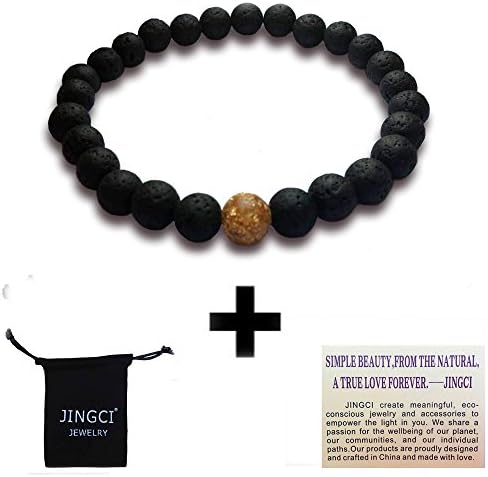 Couple Bracelets His and Hers 8mm Volcanic Stones Lava Rock Beads for Men and Women by JINGCI (8.66, men black + golden)