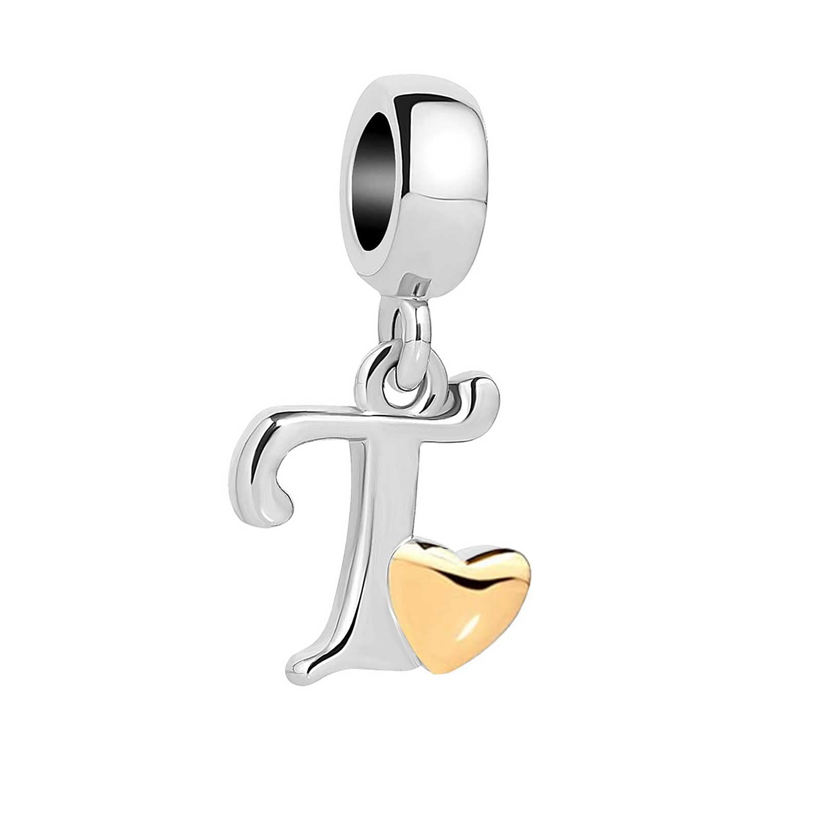 KunBead Jewelry Letter T Initial Alphabet Gold Tone Heart Love Birthday Dangle Charms Compatible with Pandora Bracelets Necklaces for Women Girls