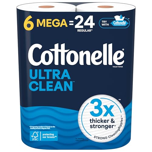 Cottonelle Ultra Clean Toilet Paper, 6 Mega Rolls = 24 Regular Rolls, Packaging May Vary