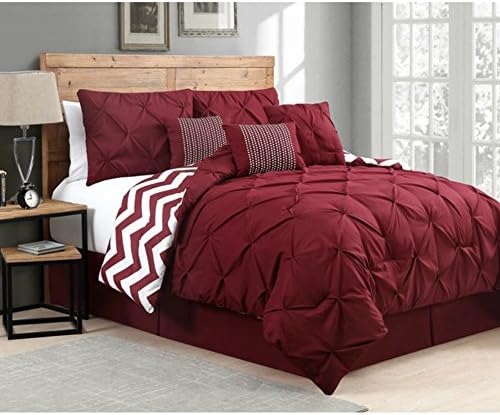 Queen Size Classic &amp; Elegant Pinch Pleat Comforter Set in Burgundy Red For Contemporary Bedroom - 7 Pieces