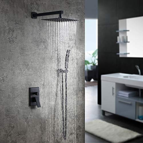 Homary Matte Black Wall Mounted Rain Shower Set 12" Square Shower Head Handheld Shower Modern Dual Function Shower Fixture for Bathroom, Solid Brass cUPC Listed with Rough-in Valve Body and Trim