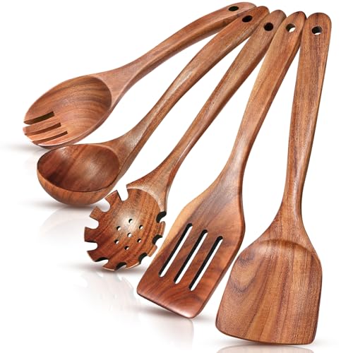 Cucharas de Madera para Cocina, Juego de Utensilios de Cocina Teca, Espátula,Tenedor para Ensalada,Cuchara, Colador y Cuchara para Pasta, Adecuado para Cocinas y Comedores, 5 Piezas