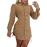 CHICME Women Shirt Dress Long Sleeve Button Down Blouses Side Drawstring Mini Dresses