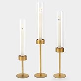 Glass Hurricane Candle Holders Set of 3-Gold Metal Base Taper Candle Stick Holders for CandlesticksHolder Decor, Elegant Dining Table Centerpiece for Wedding, Christmas & Home Decor