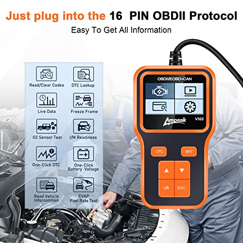 Ampeak OBD2 Scanner, Check Engine Code Reader, CAN Diagnostic Scan Tool, O2 Sensor Systems, EVAP Smog Check Scan Tool, Car Scanner Diagnostic for Since 1996 All OBDII Cars