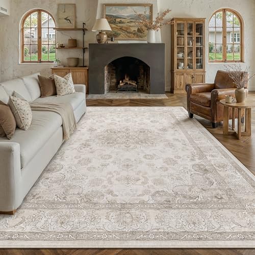 PureCozy Washable Area Rug 8x10 Beige Vintage Living Room Bedroom Carpet Non Slip Soft Low Pile Distressed Medallion Indoor Floor Retro Throw Large Rug for Dining Room Office