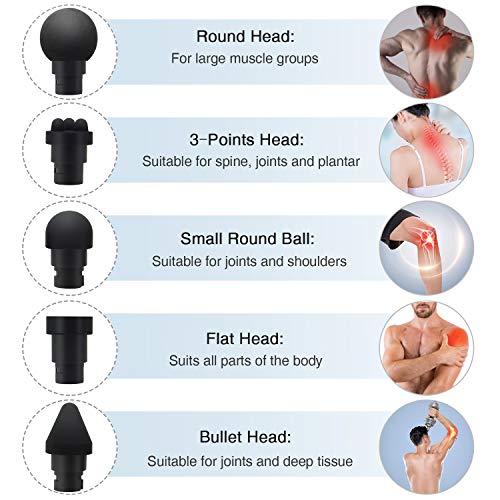 Muscle Massage Gun, Powerful Percussion Cordless Deep Tissue Massager Device with 5 Interchangeable Massage Heads and 3 Speed Settings for Muscle Recovery and Pain Relief