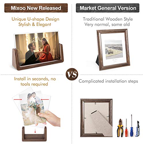 Mixoo 4x6 Wood Photo Picture Frame 2 Pack - Rustic Wooden Picture Frame with Walnut Wood Base and High Definition Break Free Acrylic Covers for Tabletop or Desktop Display (Horizontal + Vertical)