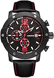 Mens Black Leather Wrist Watch - VOEONS Analog Quartz Chronograph Casual Watch for Men, Black/Red