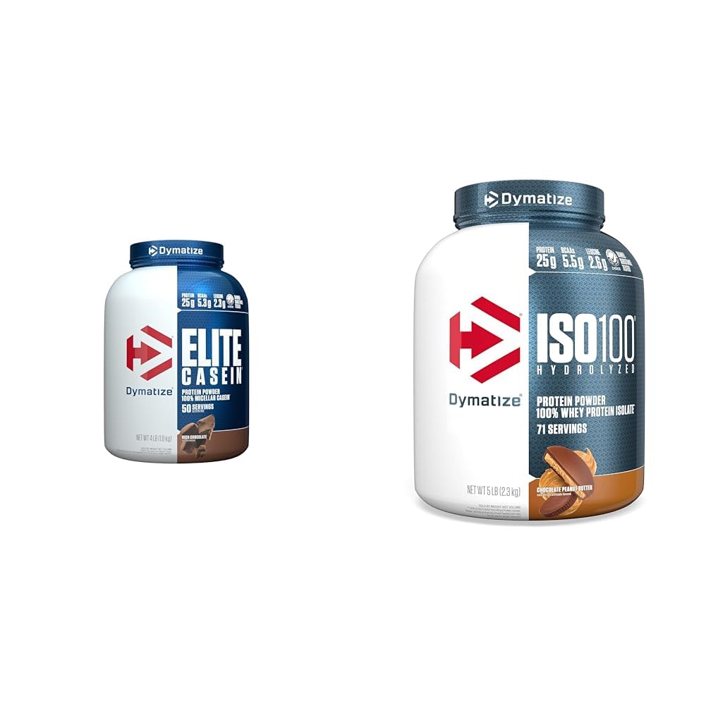 Dymatize Elite Casein Protein Powder, Slow Absorbing with Muscle Building Amino Acids & ISO 100 Whey Protein Powder with 25g of Hydrolyzed 100% Whey Isolate, Chocolate Peanut Butter, 5 Pound