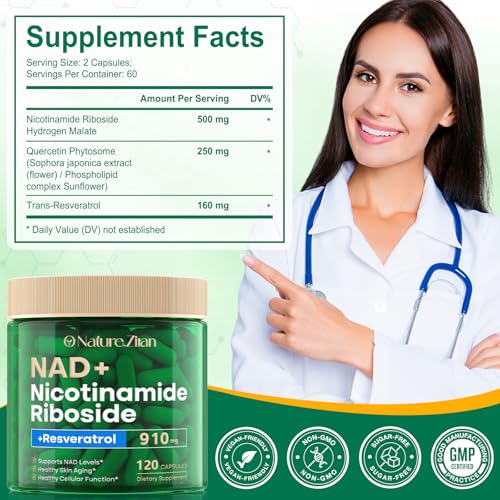 O NATURE ZIRAN Suplemento De Nad, Ribósido De Nicotinamida De Nad De 910 Mg Para Hombres Y Mujeres, Resveratrol De Ribósido De Nicotinamida Liposomal, Para El Antienvejecimiento, La Energía, La Conc