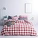 SUSYBAO 3 Pieces Duvet Cover Set 100% Natural Washed Cotton Queen Size 1 Duvet Cover 2 Pillowcases Luxury Quality Soft Comfortable Breathable Red White Checkered Plaid Print Bedding with Zipper Ties